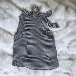 LOFT navy & white striped sleeveless tie neck summer blouse w button closure